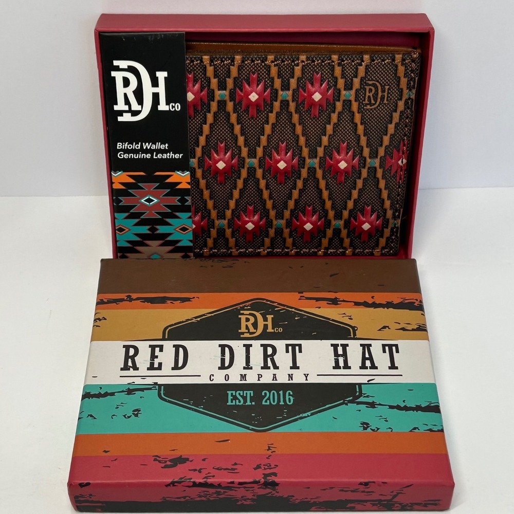 Red Dirt Hat Co Mens Bifold Wallet Genuine Leather Southwestern Pattern New